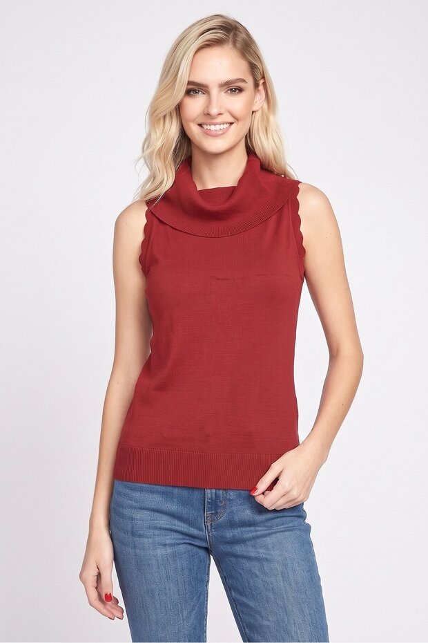 Women Turtle Neck Sleeveless Knitted Top, Red