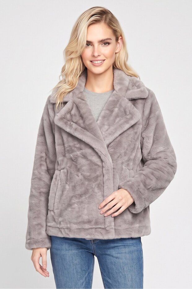 Women Textured Sherpa Jacket, Light Grey