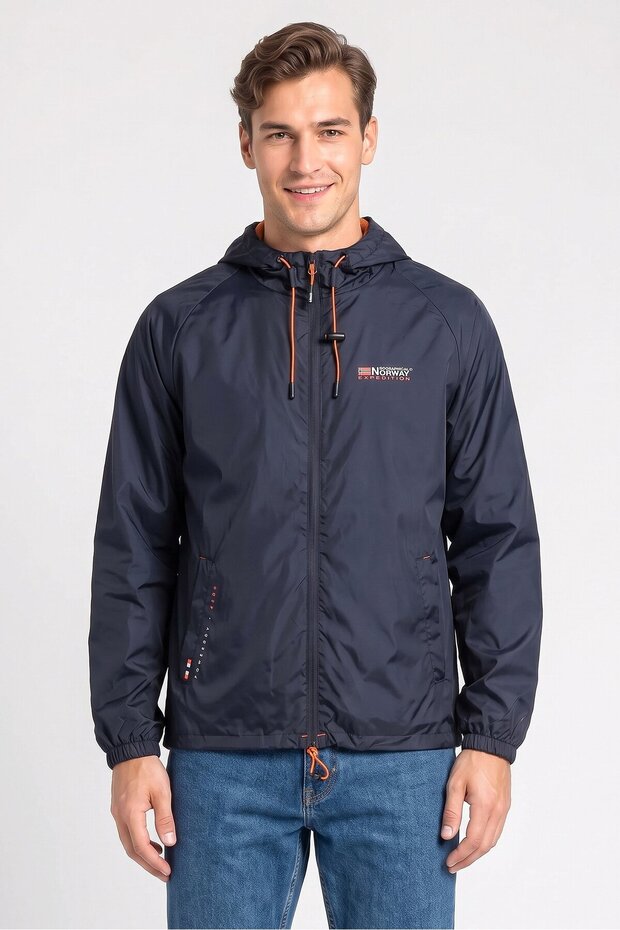 Men Brand Logo Windbreaker Jacket, Navy Blue