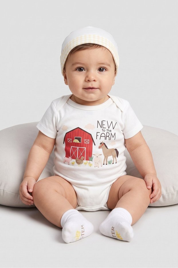 Toddlers Boy 3 Pieces Bodysuit And Hat With Socks, White