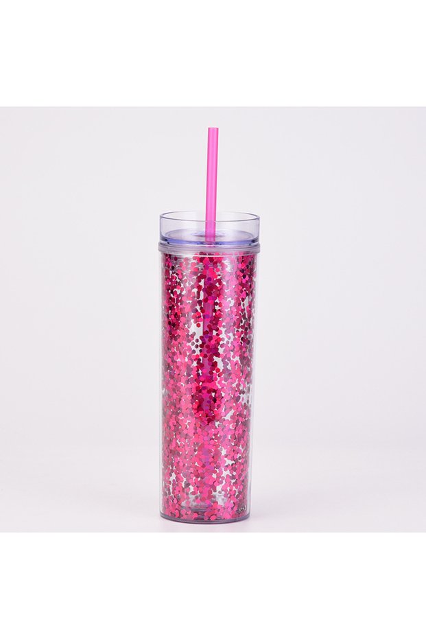 Double Wall Thick Plastic Straw Cup Clear Sequin Straight Shatterproof