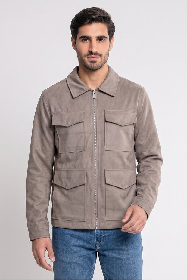 Men Solid Jacket Shirt, Taupe