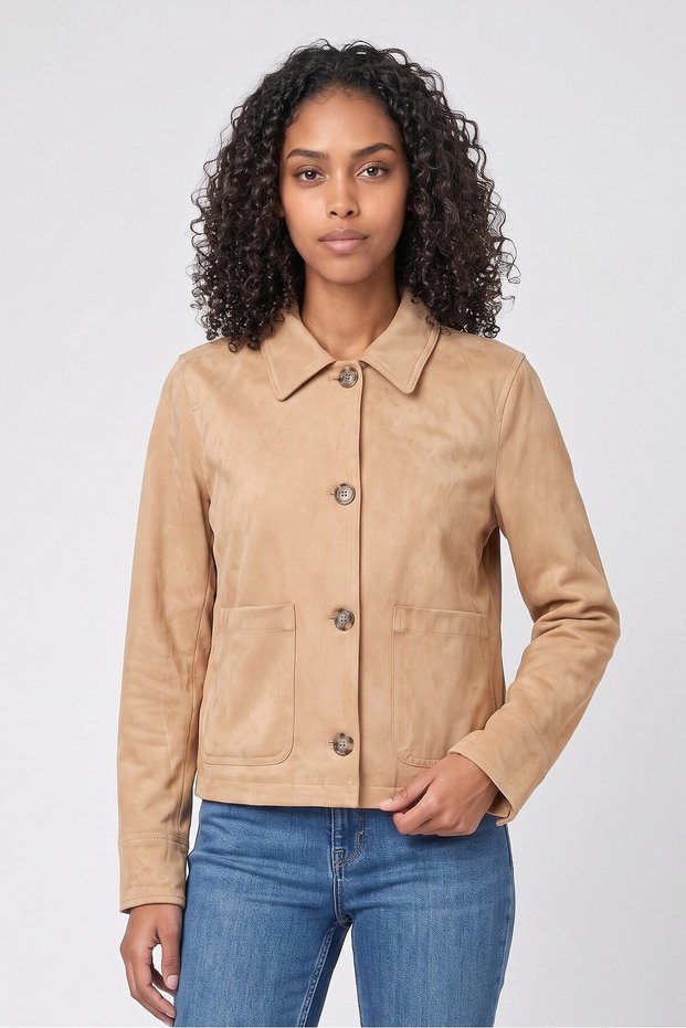 Women Solid Jacket Shirt, Tan