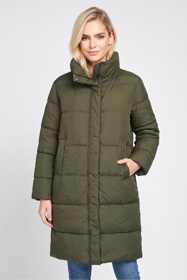 Women Quilted Long Puffer Jacket, Olive