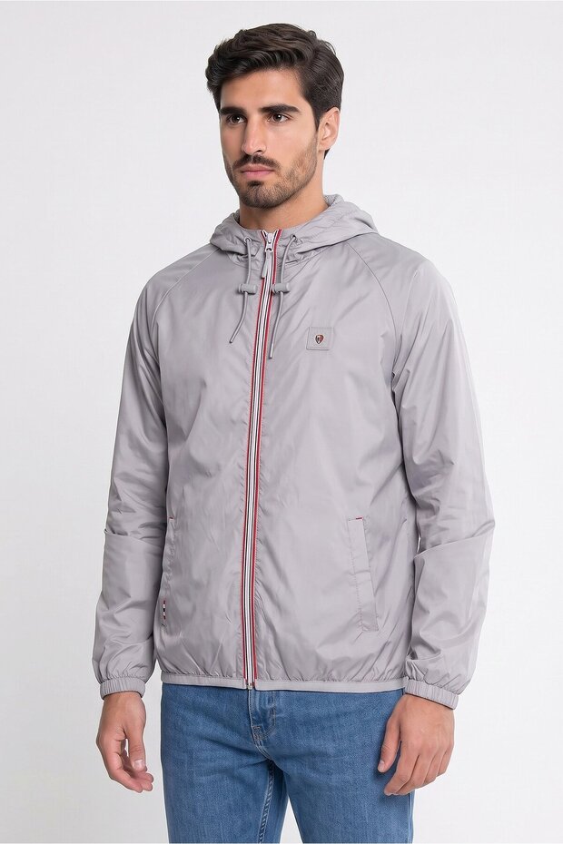 Men Hooded Long Sleeve Brand Logo Windbreaker Jacket, Light Grey
