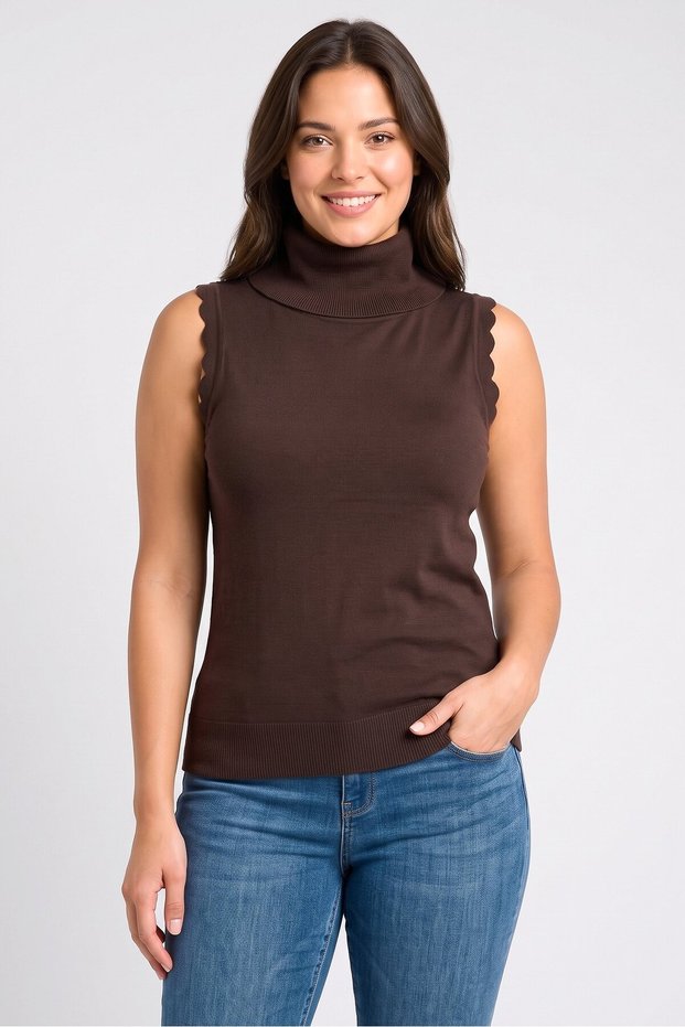Women Turtle Neck Sleeveless Textured Vest, Dark Brown