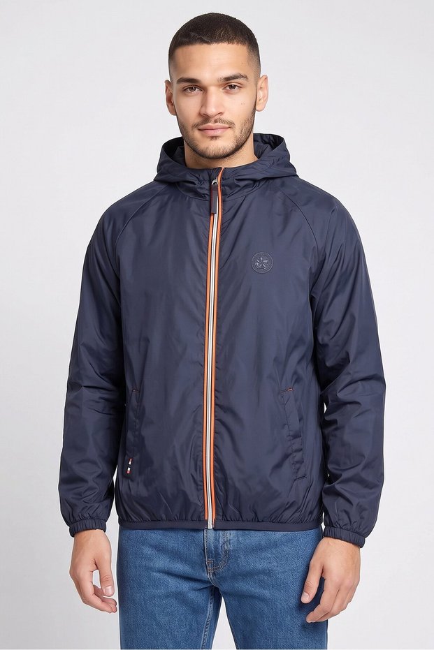 Men Hooded Embroidered Logo Windbreaker Jacket, Navy