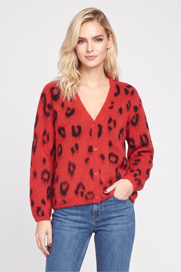 Women V Neck Animal Print Knitted Cardigan, Red