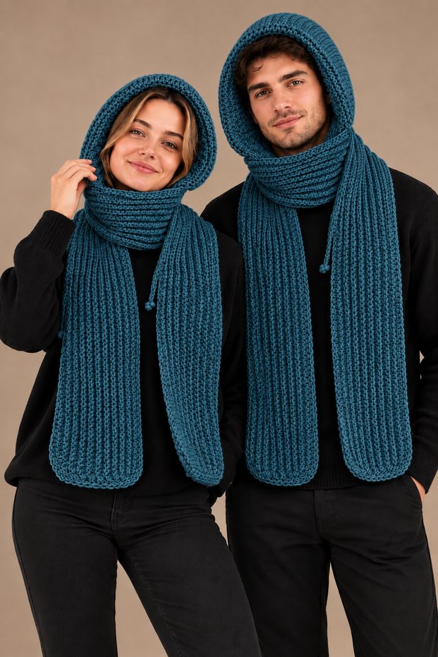 Scarf and Beanie Set, Petrol Blue, Hand-Knitted, Hooded, 1 piece