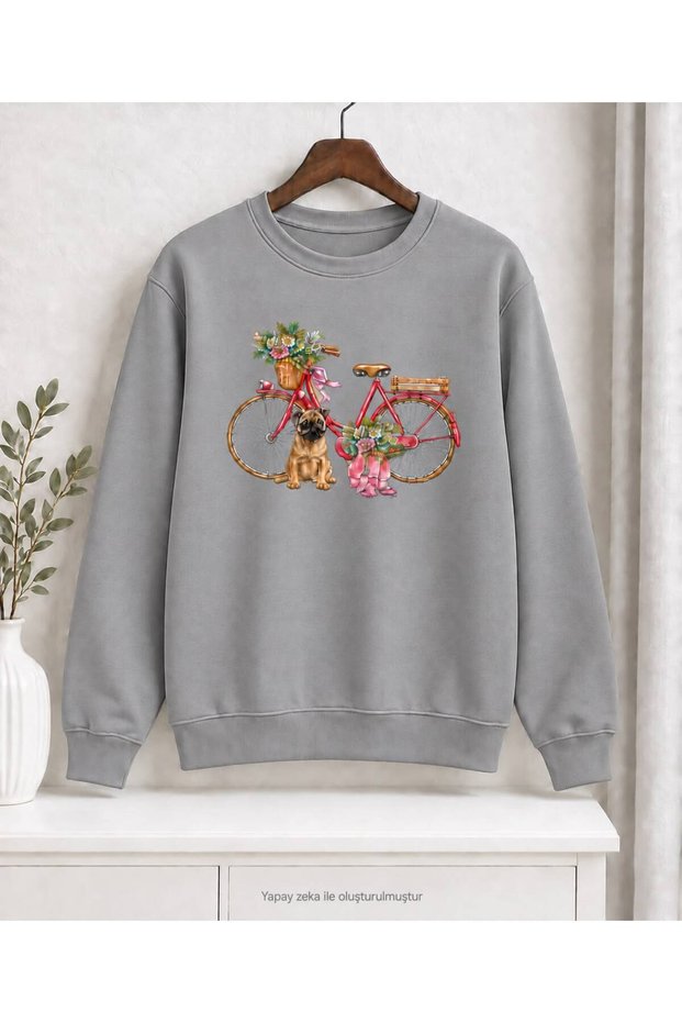 Women's Floral Bicycle and Cute Dog Graphic-Print Bicycle Crew Neck Sweatshirt - Oversized, Drapey, Relaxed-Fit Sweatshirt