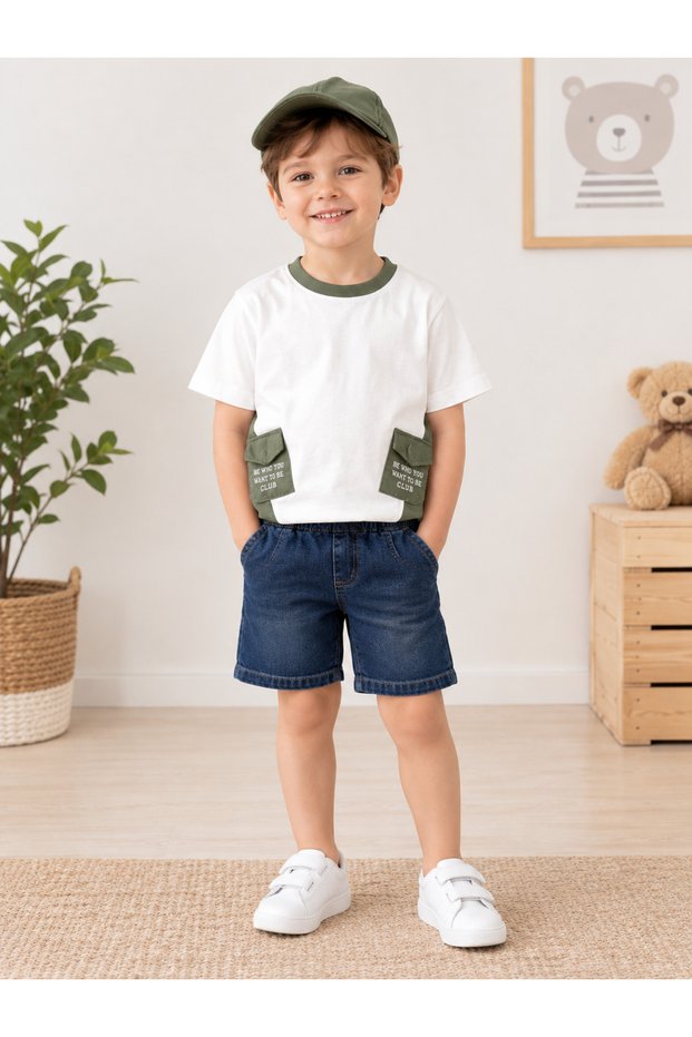 Boys' 3-Piece Set with Hat and Denim Shorts