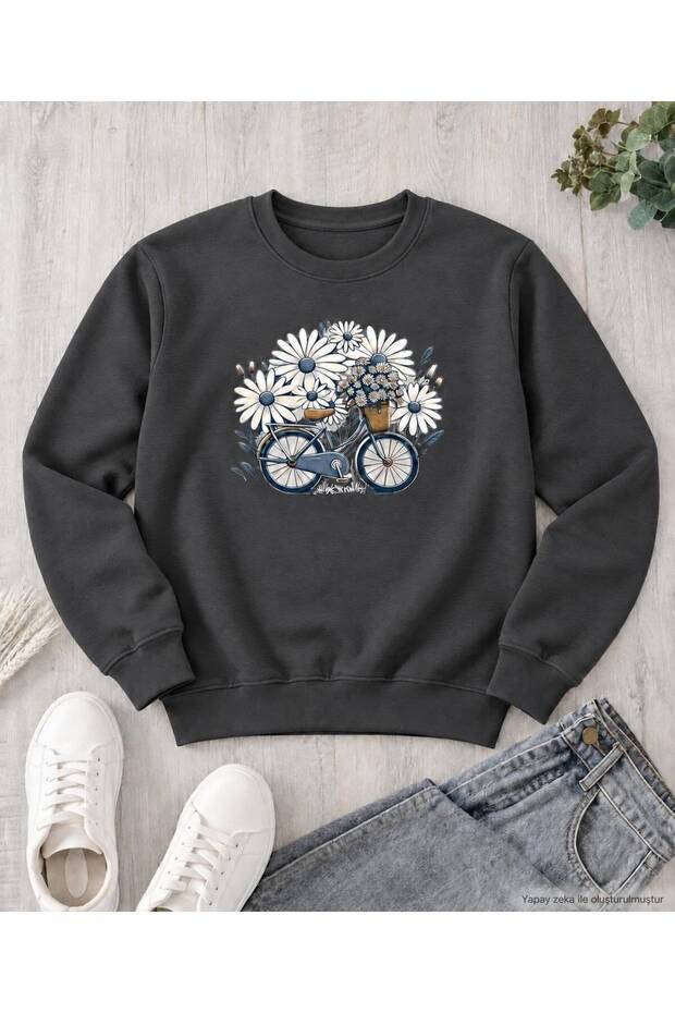 Women's Graphic-Print Bike-Crew Neck Sweatshirt with Daisy Motif and Bike Basket - Oversized Sweatshirt