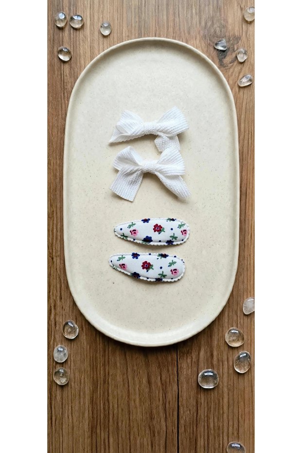 Set of 4 Girls' Hair Clips: Bow Detail, Ribbon, and Patterned Snap Clips