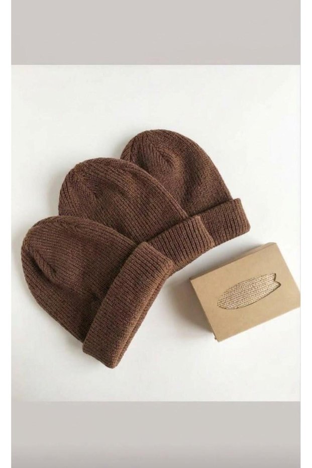 Unisex Foldable Brown 3-Piece Beanie Set
