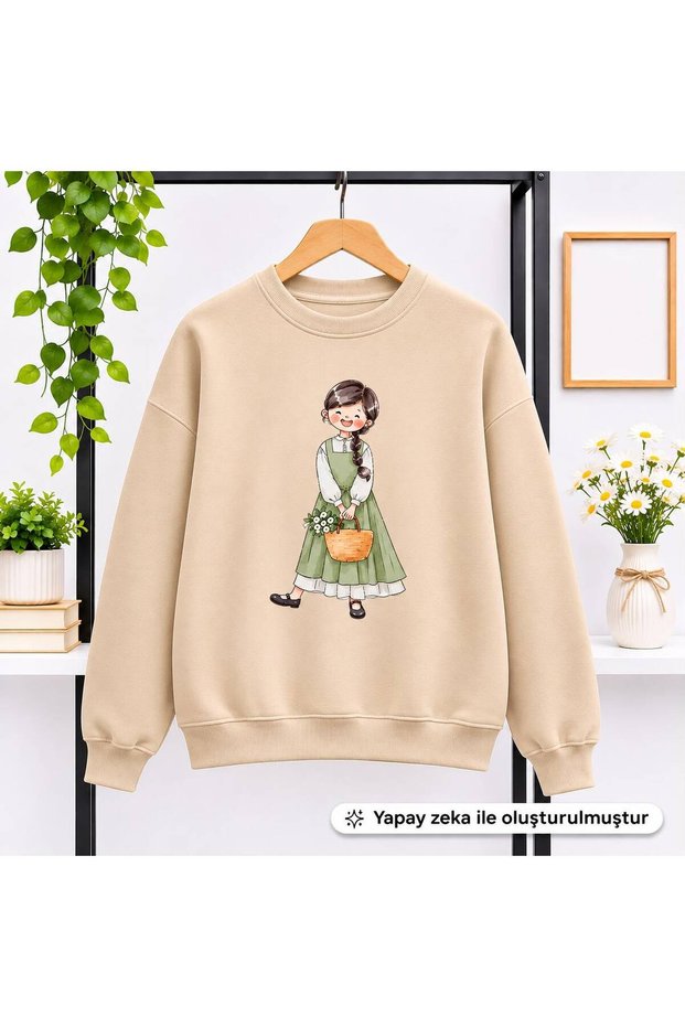 Women's Girls' Bicycle Crew Neck Sweatshirt with "Girl with a Basket" Illustration Print - Oversized, Drapey, Relaxed-Fit Sweatshirt