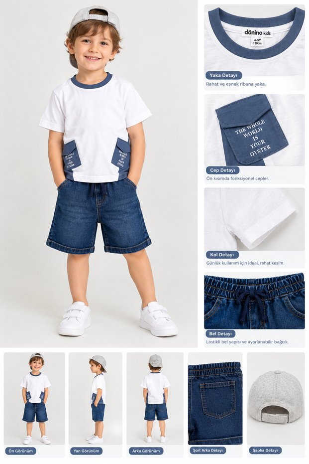 Boys' 3-Piece Set with Hat and Denim Shorts