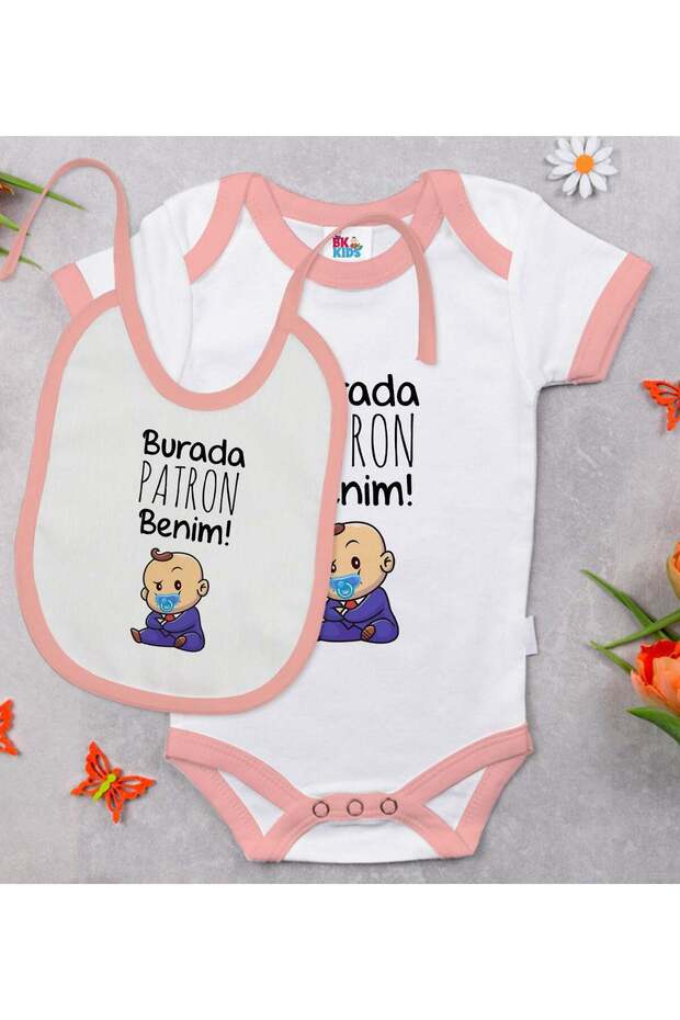 BK Kids "I'm the Boss Here" Pink Baby Bodysuit and Bib Gift Set #1 en123518