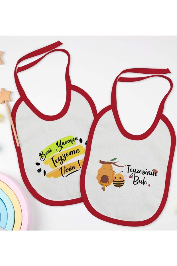 BK Kids "Auntie" Design Red Baby Bib Set of 2-2