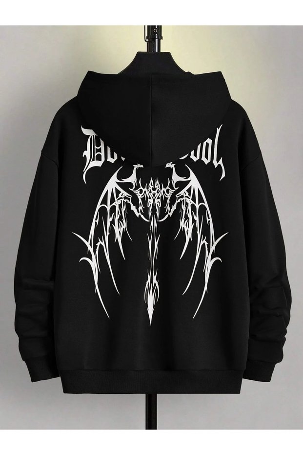 Cardigan - Black Printed Winter Oversized Hooded Zippered Pocketed Cardigan Unisex Clothing