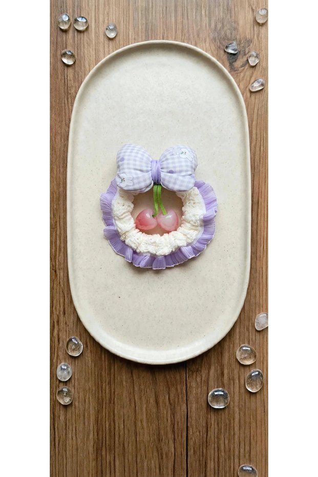 Lilac Plaid Bow Detail and Cherry-Printed Ruffled Elastic Hair Clip - Chiffon/Tulle Ruched Hair Clip for Children and Adults