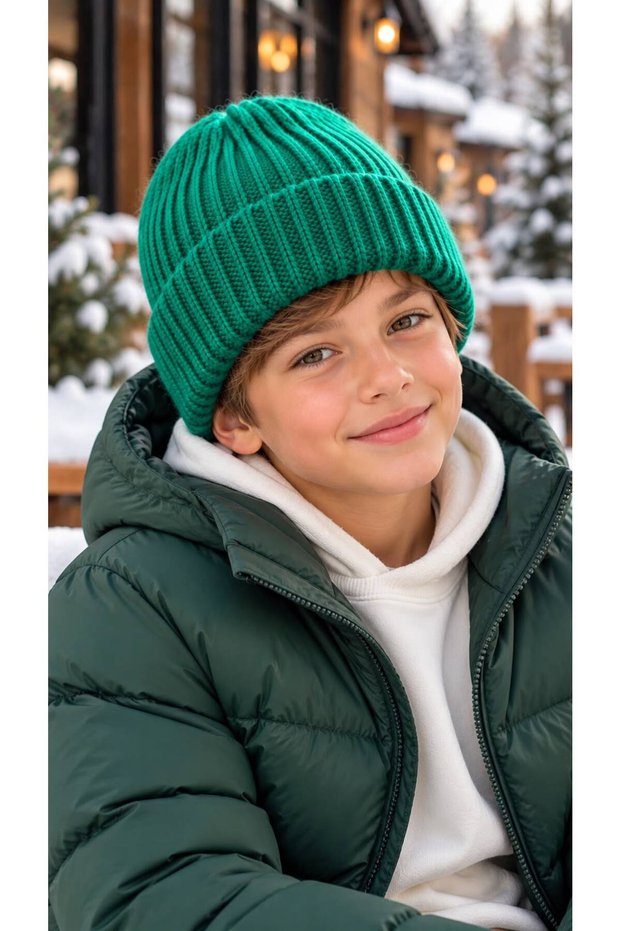 Emerald Green Soft-Textured Corded Fabric Knit Boys' Beanie, Ages 7–12