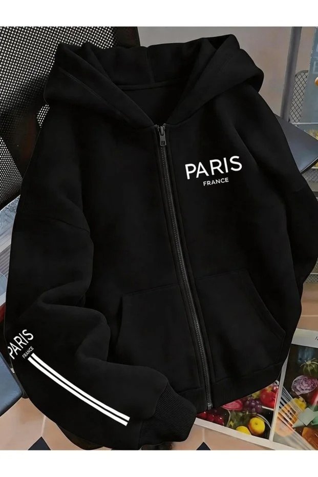 Printed Zipper Hooded Cardigan Unisex Oversize Black Hoodie Streetwear Men Women