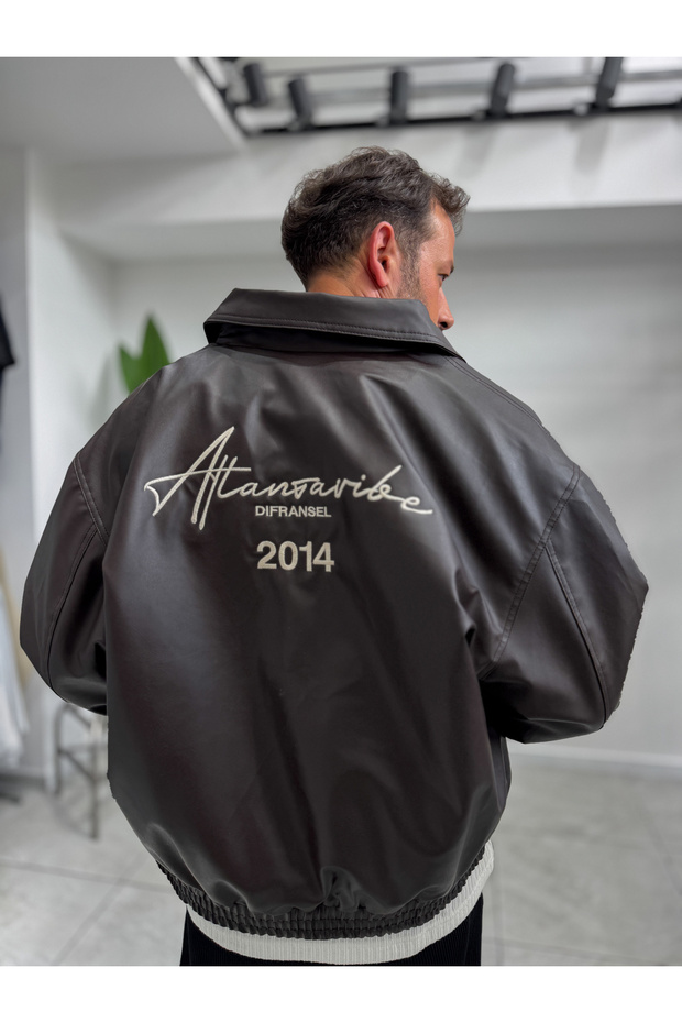 Coffee-Colored Leather Bomber Jacket with Embroidered Back DF-3525/3578
