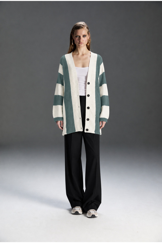 Women's Brown and Ecru Striped V-Neck Button-Up Oversized Long Knit Cardigan