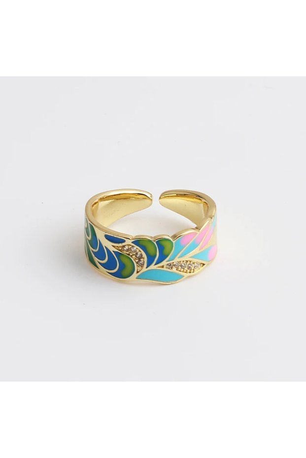 C New Fashion Enamel Colorful Flower Rings For Women Adjustable Copper Gold Plated Wide Finger Band