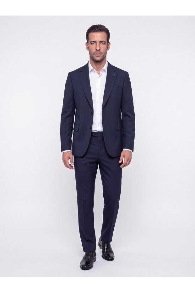 Navy Blue Regular Fit 4-Drop Micro-Patterned Mono-Collar Men’s Suit