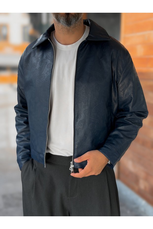 Navy Blue Patterned Leather Jacket KNT-5650