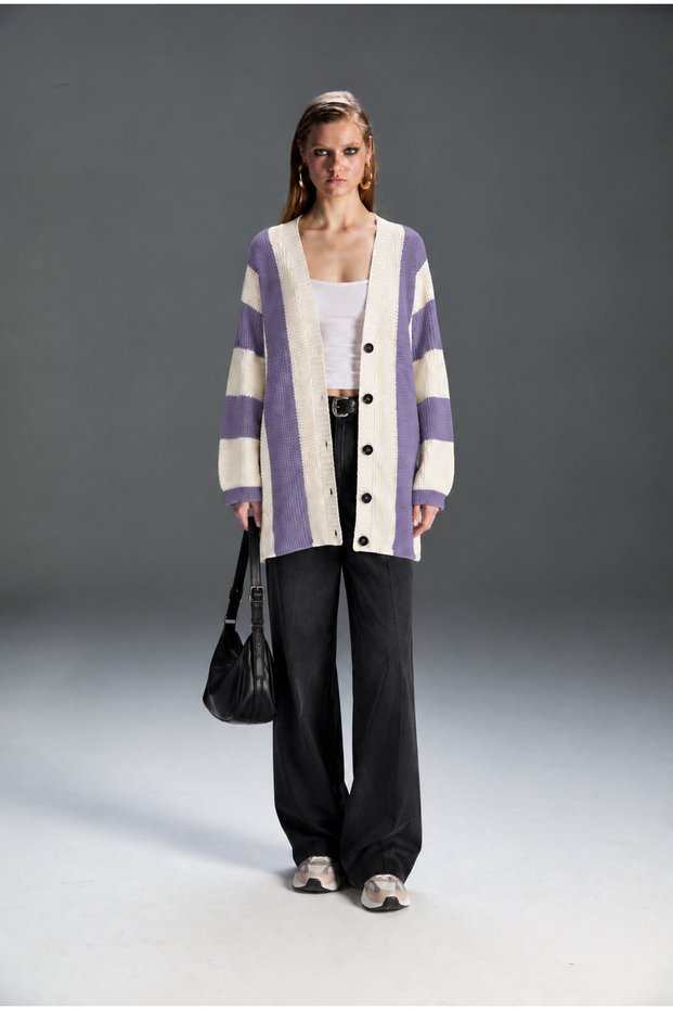 Women's Lilac and Ecru Striped V-Neck Button-Front Oversized Long Knit Cardigan