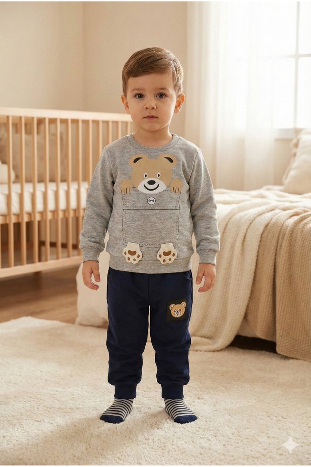 Boys' Teddy Bear Print Sweatshirt and Navy Pants Set
