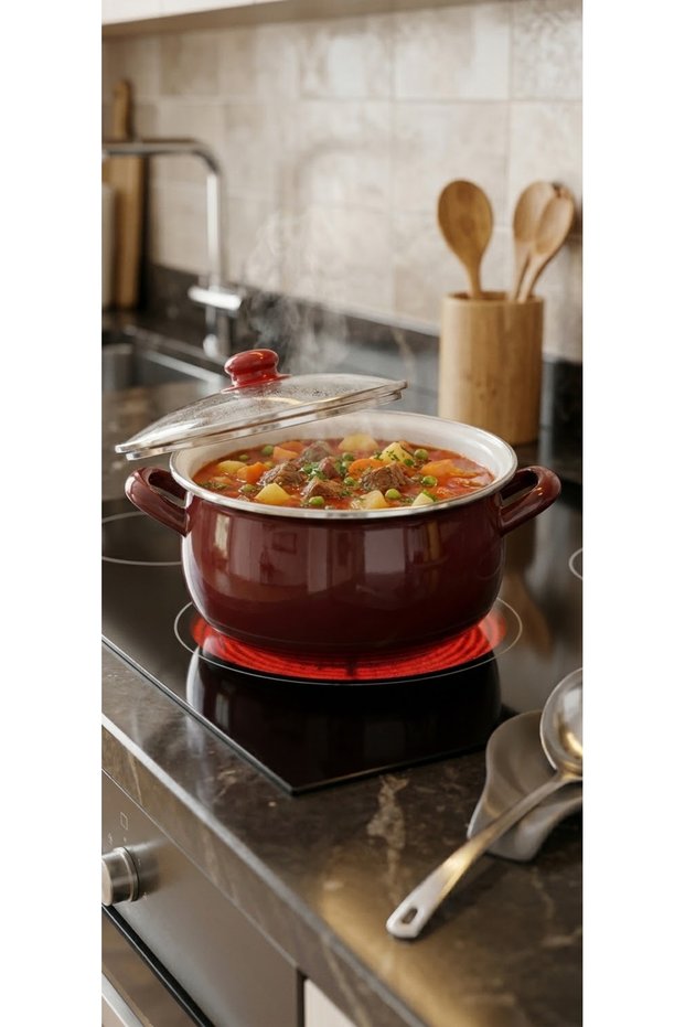 20 CM, 3-LITER BURGUNDY ENAMELED POT WITH ENAMELED HANDLES