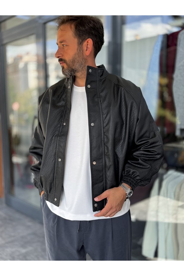 Black Textured Leather Bomber Jacket DF-3419/3497