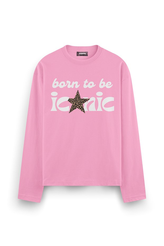 "Born To Be Iconic" Printed Long-Sleeve Oversized T-Shirt