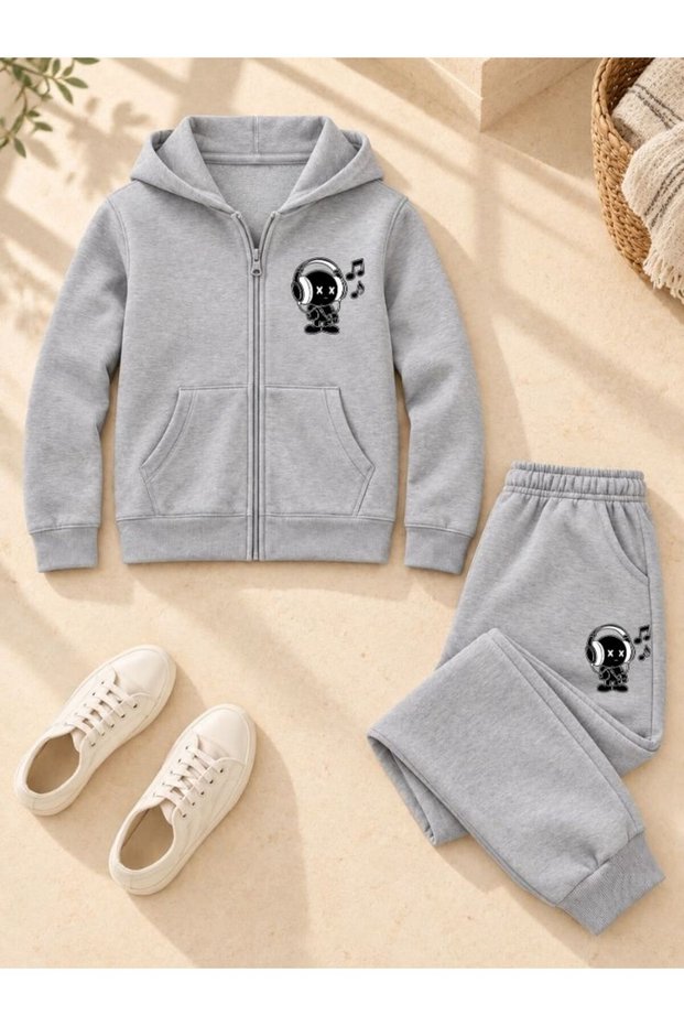 Busekids Unisex Sporty Printed Zipper Hooded Top and Bottom Set