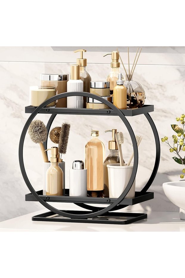 Bathroom Shelf,2 Tier Cosmetic Display Tray Organizer,Black