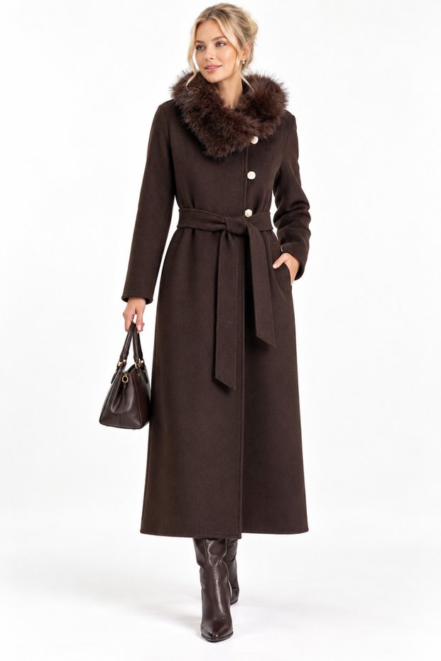 Wool Coat with Fur Trim, Brown