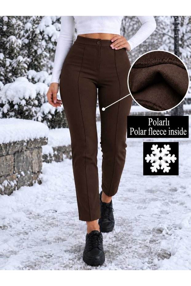 Women's Black Winter Fleece-Lined High-Waisted Narrow Leg Piped Pants 2222
