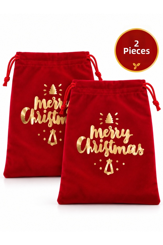 New Year's Gift Pouch, Set of 2, Red Velvet-Look, with "Gold" Lettering, Ruched Closure, 20x25 cm