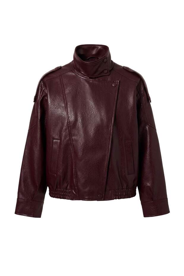 Burgundy*001 Oversized Faux Leather Bomber Jacket with Stand-Up Collar Twoaw27Mo00042