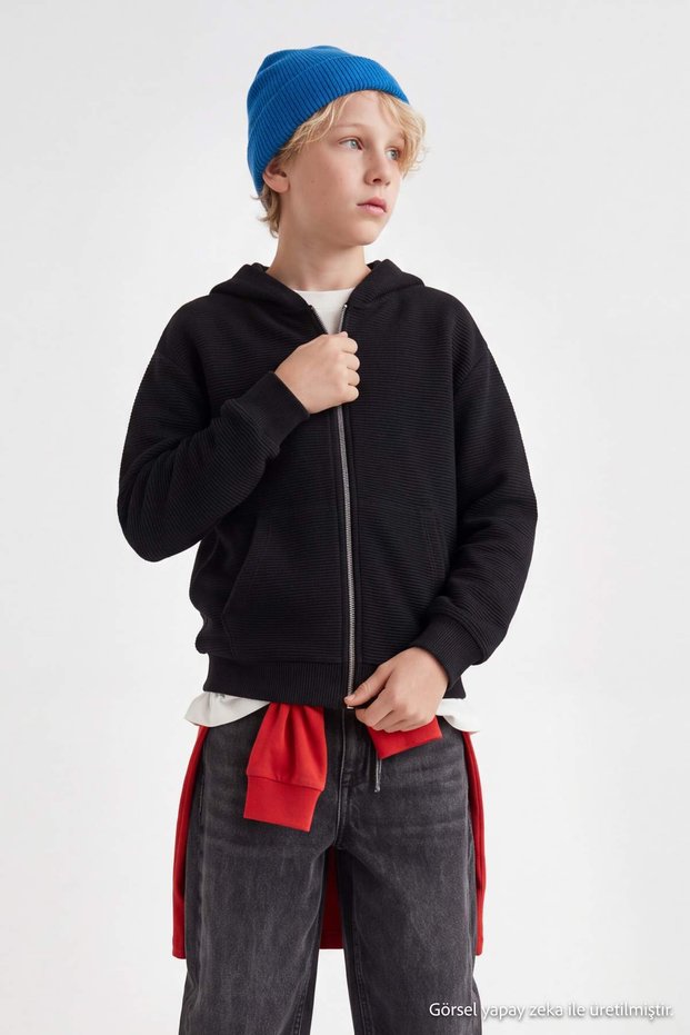 Black Boys' Plain-Knit Long-Sleeve Hooded Sweatshirt TKDAW27SW00056
