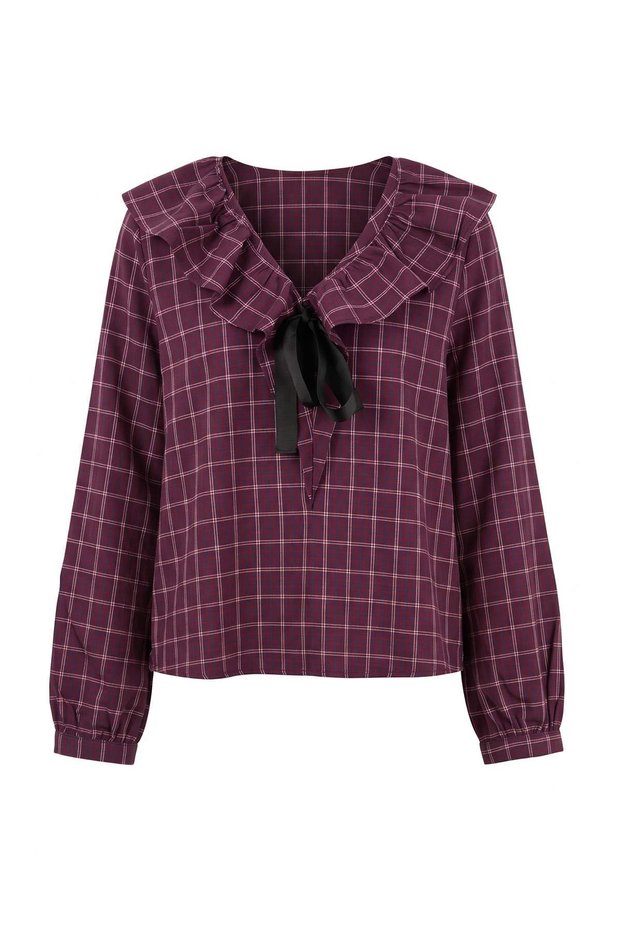 Burgundy Plaid Pattern Grosgrain Bow Detailed Woven Blouse Twoaw27Bz00421