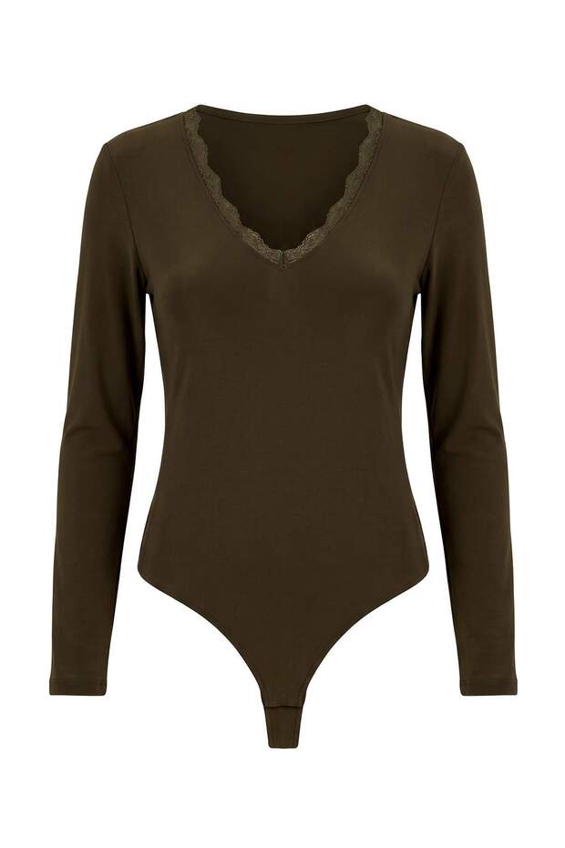 Khaki Plain V-Neck Long Lace Detailed Bottom Snap Knitted Sandy Stylish/Night Body Tpraw25Bd00007