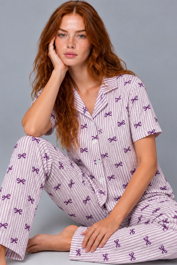 Women's Striped Bowknot Patterned Purple Short Sleeve Pajama Set 4811