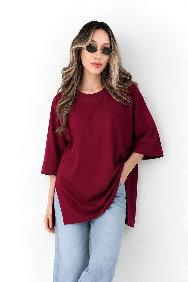 Burgundy Oversized Long-Sleeve T-Shirt with Double Sleeves and Side Slits | Cotton Basic Crew Neck Single Jersey Fabric