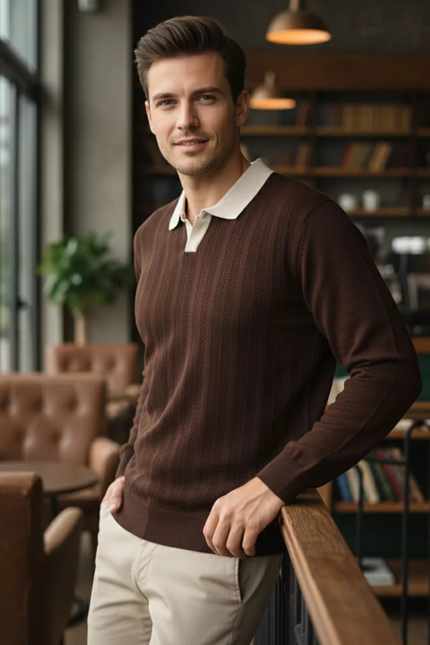 Men's Polo Neck Self-Patterned Knit Sweater