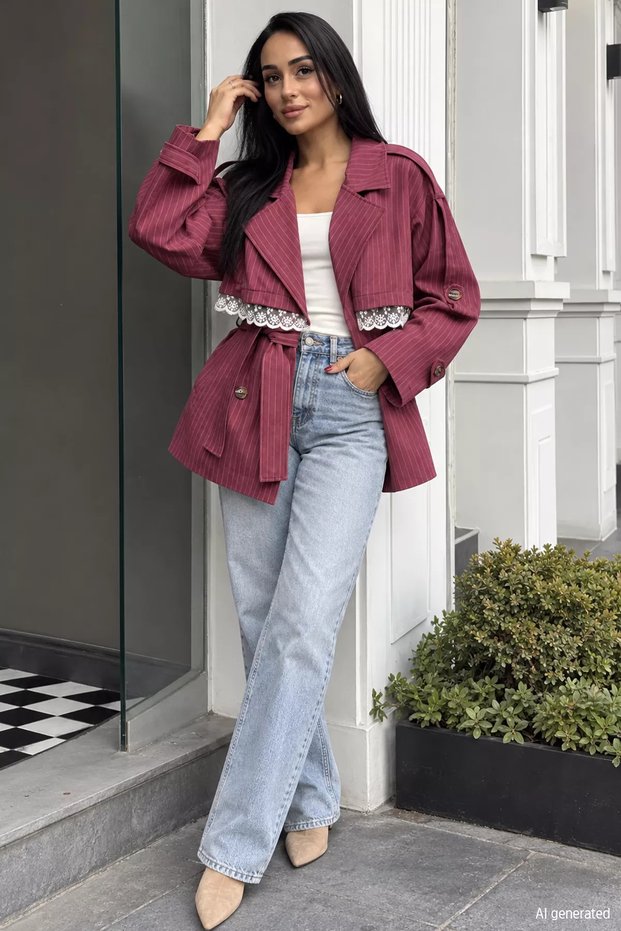 Lace Detailed Striped Trench Coat