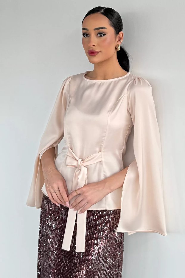 Women's Front Tie Sleeve Slit Satin Blouse